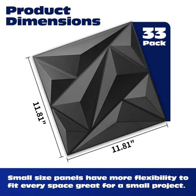 Alt view image 2 of 7 - 33 Pack 3D Wall Panels Diamond, Black, 12''x12'' | PVC Accent Wall Panels for Interior Wall Decor, Living Room, Lobby Bedroom Hotel Office, Cover 32.Sq.Ft