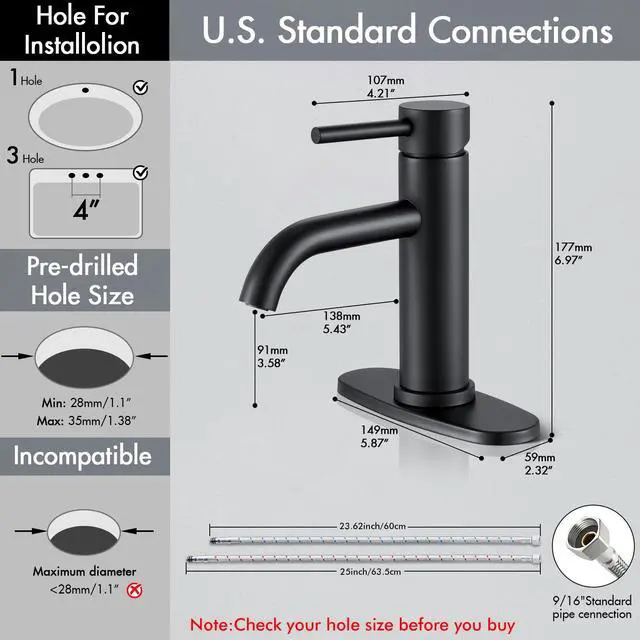 Alt view image 2 of 7 - Black Bathroom Faucet, Single Hole Bathroom Faucet Stainless Steel | Modern Bathroom Sink Faucet with Pop-up Drain and Hoses, RV & Outdoor Basins, for 1 or 3 Hole