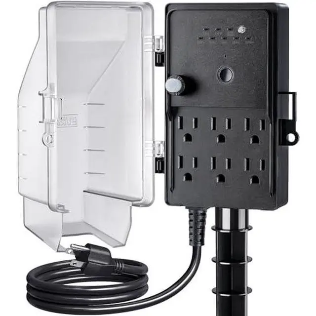 Alt view image 2 of 7 - Outdoor Power Stake Waterproof Light Timer Dusk to Dawn 6 Outlets | Outdoor Power Strip Weatherproof Outlets, 6 ft Extension Cord for Patio Lights, Sprinkler, Garden, Christmas Decor