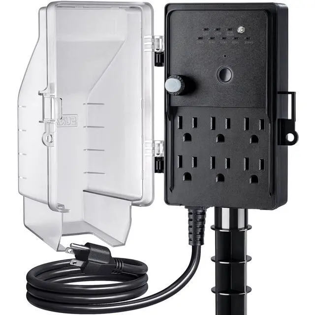 Main image of Outdoor Power Stake Waterproof Light Timer Dusk to Dawn 6 Outlets | Outdoor Power Strip Weatherproof Outlets, 6 ft Extension Cord for Patio Lights, Sprinkler, Garden, Christmas Decor