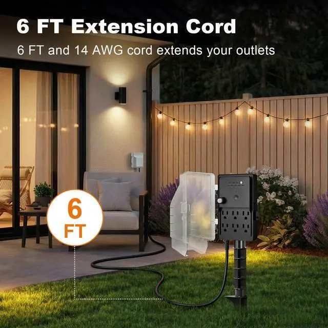 Alt view image 4 of 7 - Outdoor Power Stake Waterproof Light Timer Dusk to Dawn 6 Outlets | Outdoor Power Strip Weatherproof Outlets, 6 ft Extension Cord for Patio Lights, Sprinkler, Garden, Christmas Decor