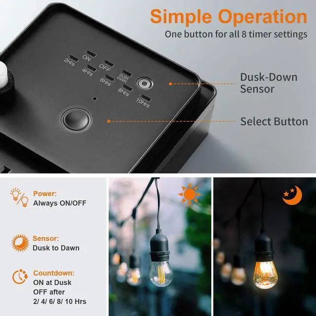Alt view image 3 of 7 - Outdoor Power Stake Waterproof Light Timer Dusk to Dawn 6 Outlets | Outdoor Power Strip Weatherproof Outlets, 6 ft Extension Cord for Patio Lights, Sprinkler, Garden, Christmas Decor