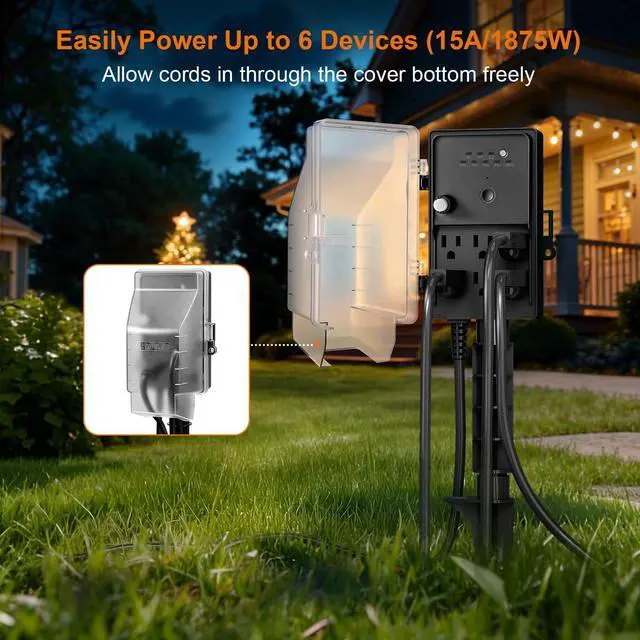 Alt view image 5 of 7 - Outdoor Power Stake Waterproof Light Timer Dusk to Dawn 6 Outlets | Outdoor Power Strip Weatherproof Outlets, 6 ft Extension Cord for Patio Lights, Sprinkler, Garden, Christmas Decor