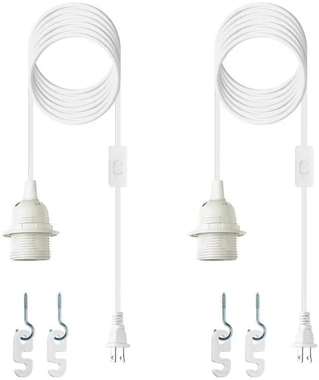 Main image of Plug in Light Socket - 16Ft Pendant Light Cord Kit E26/E27 Light Socket Hanging Lantern Lamp Cord with On/Off Switch,Socket Rings, 2 Pack, White