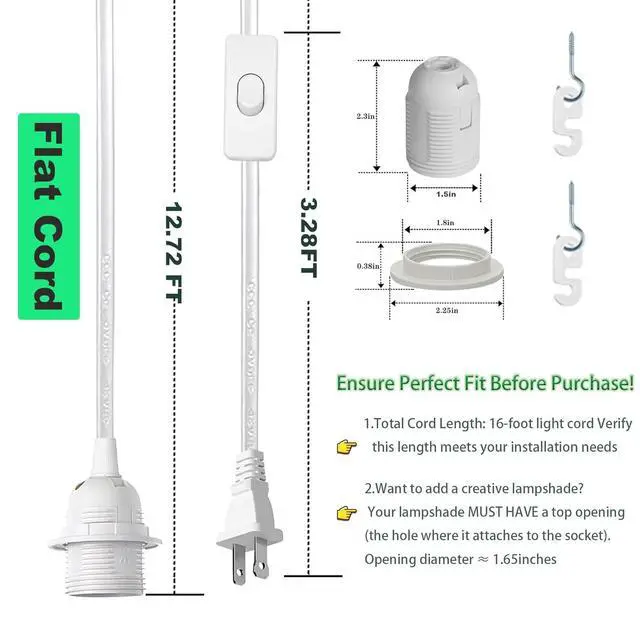 Alt view image 2 of 7 - Plug in Light Socket - 16Ft Pendant Light Cord Kit E26/E27 Light Socket Hanging Lantern Lamp Cord with On/Off Switch,Socket Rings, 2 Pack, White