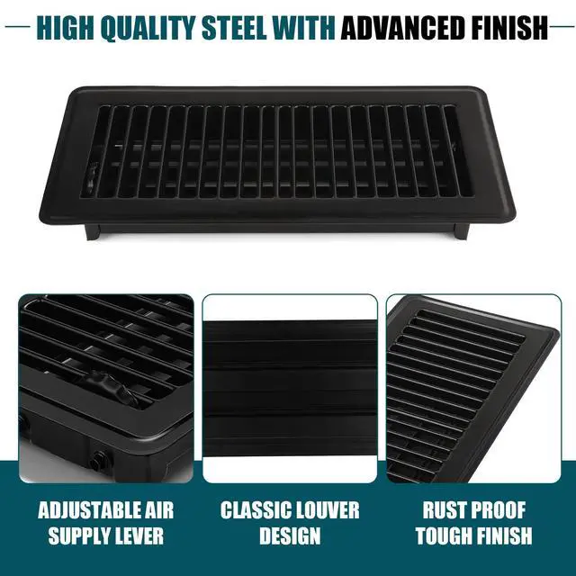 Alt view image 7 of 7 - Floor Register 4x10, 8 Pack Black Floor Vent Covers | Heavy Duty Steel Walkable Floor Vents,Vent Covers for Home Floor