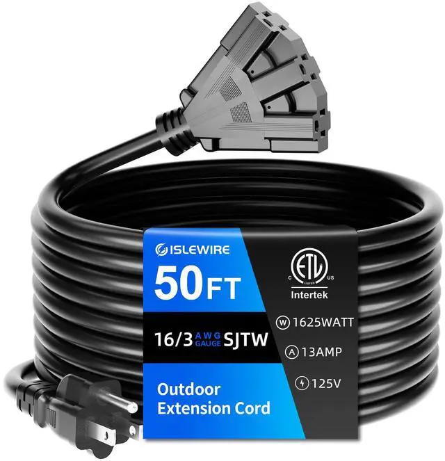 Main image of 50 FT 3 Outlet Outdoor Extension Cord Waterproof, 16/3 SJTW Black Extension Cord with Multiple Outlets, Heavy Duty 16 Gauge 3-Prong Grounded Power Cable for Garden and Home Use, ETL Listed