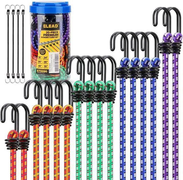 Main image of Bungee Cords Heavy Duty Outdoor: 20 Pcs Premium Rubber Bungee Cords with Hooks in a Storage Jar Includes 10", 18", 24", 30", 36", 48" Bungee Cord for Camping, Tent, Fastening Items