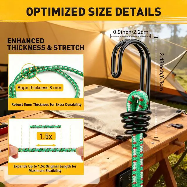 Alt view image 3 of 7 - Bungee Cords Heavy Duty Outdoor: 20 Pcs Premium Rubber Bungee Cords with Hooks in a Storage Jar Includes 10", 18", 24", 30", 36", 48" Bungee Cord for Camping, Tent, Fastening Items