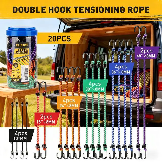 Alt view image 2 of 7 - Bungee Cords Heavy Duty Outdoor: 20 Pcs Premium Rubber Bungee Cords with Hooks in a Storage Jar Includes 10", 18", 24", 30", 36", 48" Bungee Cord for Camping, Tent, Fastening Items