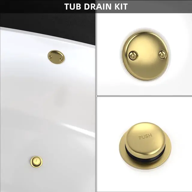 Alt view image 2 of 6 - Brushed Gold Bathtub Drain and Overflow Kit,Bath Tub Drain Stopper | All Brass Metal Tip-Toe Tub Drains Cover with Two-Hole Overflow Faceplate, Universal Tub Drains Trim Set Replacement Assembly