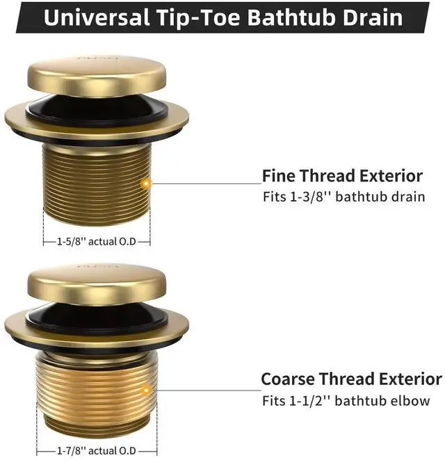 Alt view image 4 of 6 - Brushed Gold Bathtub Drain and Overflow Kit,Bath Tub Drain Stopper | All Brass Metal Tip-Toe Tub Drains Cover with Two-Hole Overflow Faceplate, Universal Tub Drains Trim Set Replacement Assembly