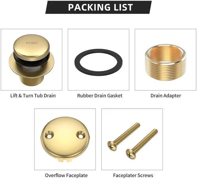 Alt view image 5 of 6 - Brushed Gold Bathtub Drain and Overflow Kit,Bath Tub Drain Stopper | All Brass Metal Tip-Toe Tub Drains Cover with Two-Hole Overflow Faceplate, Universal Tub Drains Trim Set Replacement Assembly