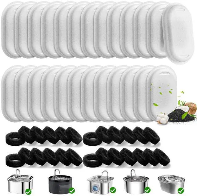 Main image of 50 Pack Cat Water Fountain Filters for Stainless Steel Pet Water Dispenser | 108/3.2L& 67oz/2L& 4L/135oz Cat/Dog Fountain Filter Replacement(25 Filters & 25 Sponges)
