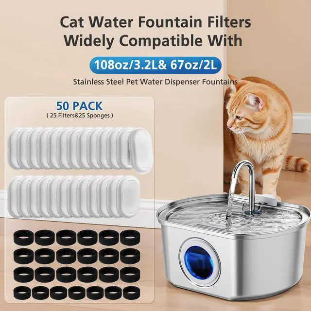 Alt view image 2 of 7 - 50 Pack Cat Water Fountain Filters for Stainless Steel Pet Water Dispenser | 108/3.2L& 67oz/2L& 4L/135oz Cat/Dog Fountain Filter Replacement(25 Filters & 25 Sponges)