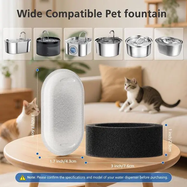 Alt view image 3 of 7 - 50 Pack Cat Water Fountain Filters for Stainless Steel Pet Water Dispenser | 108/3.2L& 67oz/2L& 4L/135oz Cat/Dog Fountain Filter Replacement(25 Filters & 25 Sponges)