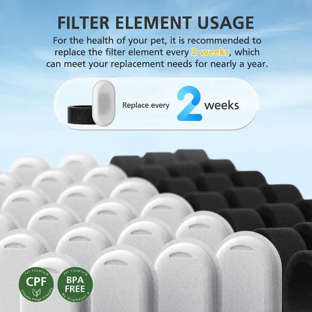 Alt view image 6 of 7 - 50 Pack Cat Water Fountain Filters for Stainless Steel Pet Water Dispenser | 108/3.2L& 67oz/2L& 4L/135oz Cat/Dog Fountain Filter Replacement(25 Filters & 25 Sponges)