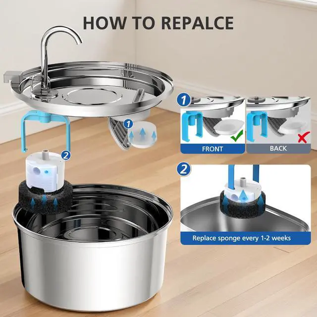 Alt view image 7 of 7 - 50 Pack Cat Water Fountain Filters for Stainless Steel Pet Water Dispenser | 108/3.2L& 67oz/2L& 4L/135oz Cat/Dog Fountain Filter Replacement(25 Filters & 25 Sponges)