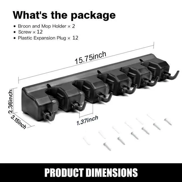 Alt view image 5 of 7 - 2 Pack Mop and Broom Holder, Wall Mount Organizer Storage Tool Rack | Broom and Mop Organizer Wall Hanging for Garage, Laundry Room, Garden, Utility, 5 Ball Slots and 6 Hooks(Black)