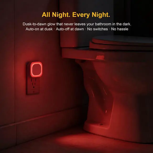 Alt view image 5 of 7 - 2 Pack Red Night Light Plug into Wall, Dim Glow for Sleep, Eye-Care | Dimmable Reflected Light, Dusk to Dawn Sensor, Plug-in LED Nightlight for Adults, Kids, Nursery, Bedroom, Bathroom, Toilet