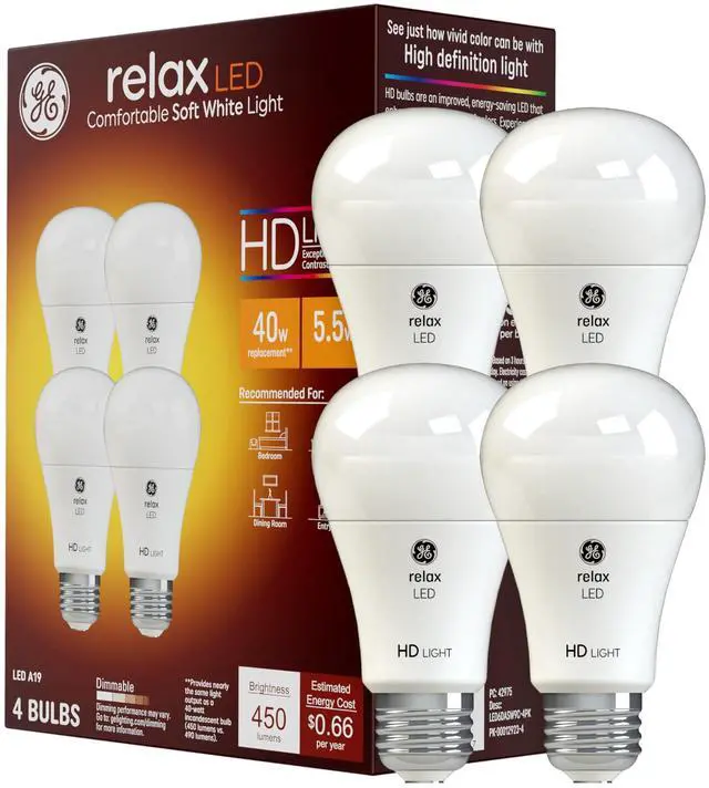 Main image of Relax LED Light Bulbs, 40 Watt, Soft White, A19 (4 Pack) | Energy-saving LED, 40W replacement, warm soft white glow, A19 base, bedroom & living room, long-lasting, 4 bulbs included