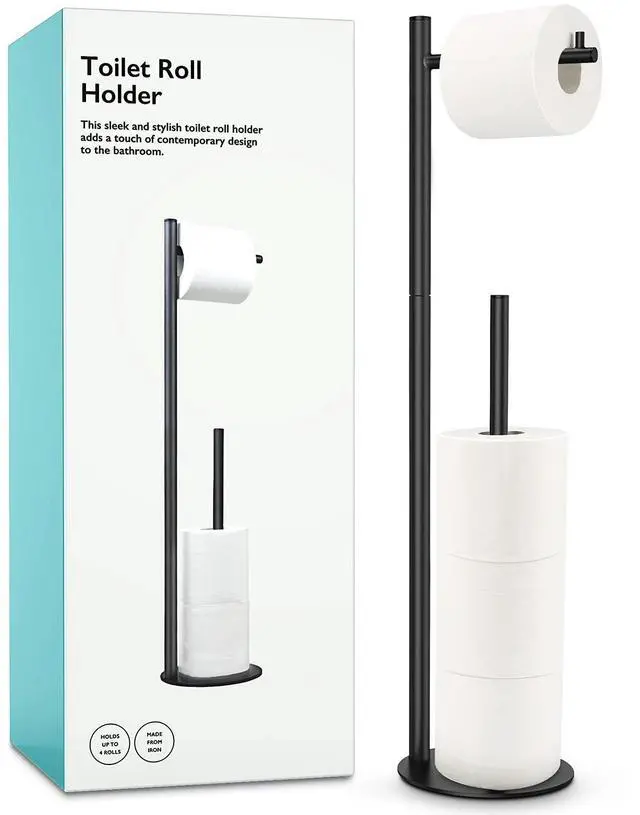 Main image of Toilet Paper Holder Stand, Bathroom Free Standing with Storage, Black | Rustproof Toilet Paper Roll Holder for 4 Rolls,with Non-Slip Stable Base,Bathroom Organizers and Storage