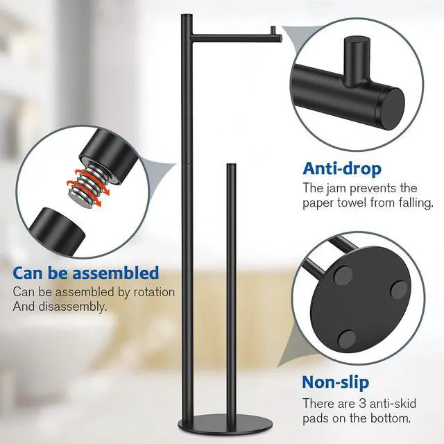 Alt view image 3 of 6 - Toilet Paper Holder Stand, Bathroom Free Standing with Storage, Black | Rustproof Toilet Paper Roll Holder for 4 Rolls,with Non-Slip Stable Base,Bathroom Organizers and Storage