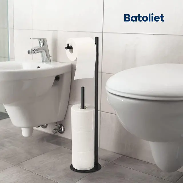 Alt view image 5 of 6 - Toilet Paper Holder Stand, Bathroom Free Standing with Storage, Black | Rustproof Toilet Paper Roll Holder for 4 Rolls,with Non-Slip Stable Base,Bathroom Organizers and Storage