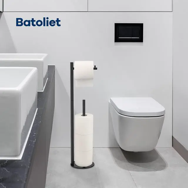 Alt view image 6 of 6 - Toilet Paper Holder Stand, Bathroom Free Standing with Storage, Black | Rustproof Toilet Paper Roll Holder for 4 Rolls,with Non-Slip Stable Base,Bathroom Organizers and Storage