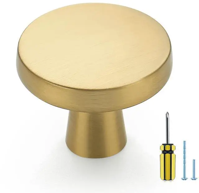 Main image of Brushed Brass Solid Knobs Gold Kitchen Cabinet Pull,30 Pack,Round-5 | Zinc Dresser Handles, Gold Cupboard Hardware, Door Drawer Knobs, screws & screwdriver included, For Cupboards, Dressers