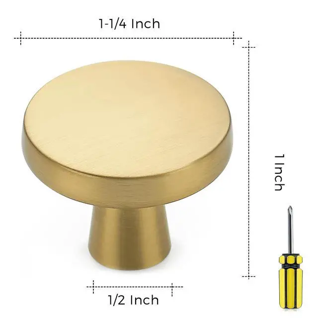 Alt view image 3 of 7 - Brushed Brass Solid Knobs Gold Kitchen Cabinet Pull,30 Pack,Round-5 | Zinc Dresser Handles, Gold Cupboard Hardware, Door Drawer Knobs, screws & screwdriver included, For Cupboards, Dressers