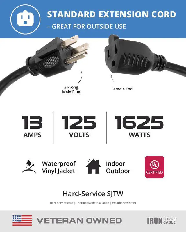 Alt view image 3 of 7 - 16 Gauge Heavy Duty Black Extension Cord, 6 Ft - SJTW | 16/3 SJTW Cable, 3 Prong Grounded Plug, 13 Amp - For Landscaping, Leaf Blowers, Lights, Appliances