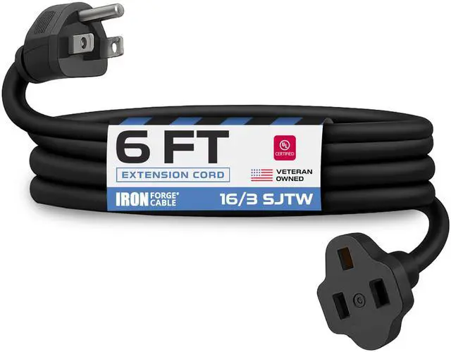 Main image of 16 Gauge Heavy Duty Black Extension Cord, 6 Ft - SJTW | 16/3 SJTW Cable, 3 Prong Grounded Plug, 13 Amp - For Landscaping, Leaf Blowers, Lights, Appliances