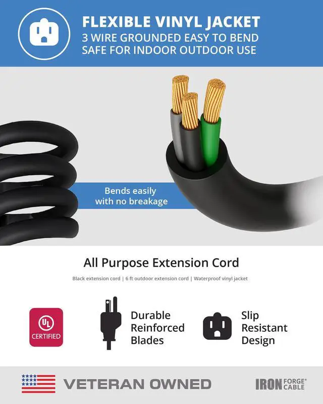 Alt view image 6 of 7 - 16 Gauge Heavy Duty Black Extension Cord, 6 Ft - SJTW | 16/3 SJTW Cable, 3 Prong Grounded Plug, 13 Amp - For Landscaping, Leaf Blowers, Lights, Appliances
