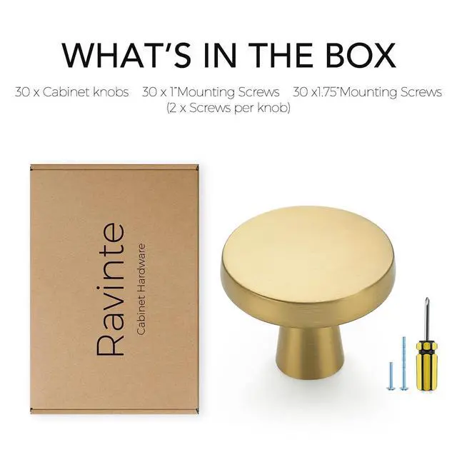 Alt view image 7 of 7 - Brushed Brass Solid Knobs Gold Kitchen Cabinet Pull,30 Pack,Round-5 | Zinc Dresser Handles, Gold Cupboard Hardware, Door Drawer Knobs, screws & screwdriver included, For Cupboards, Dressers