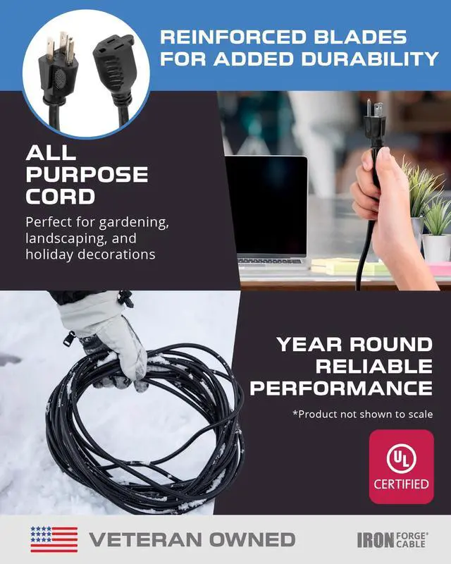 Alt view image 7 of 7 - 16 Gauge Heavy Duty Black Extension Cord, 6 Ft - SJTW | 16/3 SJTW Cable, 3 Prong Grounded Plug, 13 Amp - For Landscaping, Leaf Blowers, Lights, Appliances