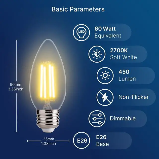 Alt view image 2 of 7 - Dimmable Candelabra Light Bulbs 60W Equivalent E26 Base, B11 LED Chandelier Candle, 2700K Soft White, 6 Pack