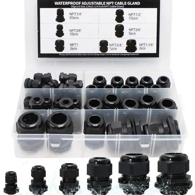 Main image of Cord Grip NPT Cable Glands Kit for Electrical Waterproof Box | Black 50pcs, 1/4 3/8 1/2 3/4 1 1-1/4, Waterproof Nylon Strain Relief Connector, Junction Case Connector With Gaskets