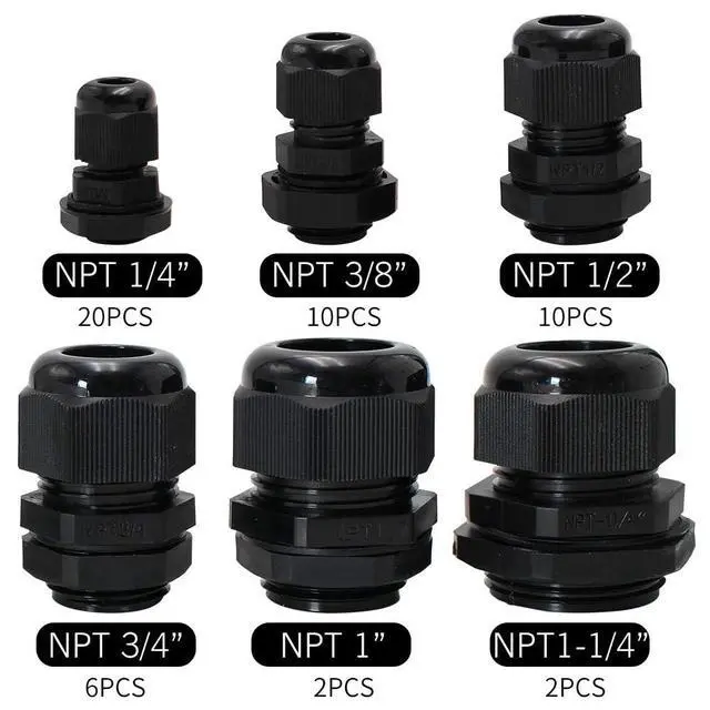 Alt view image 2 of 7 - Cord Grip NPT Cable Glands Kit for Electrical Waterproof Box | Black 50pcs, 1/4 3/8 1/2 3/4 1 1-1/4, Waterproof Nylon Strain Relief Connector, Junction Case Connector With Gaskets