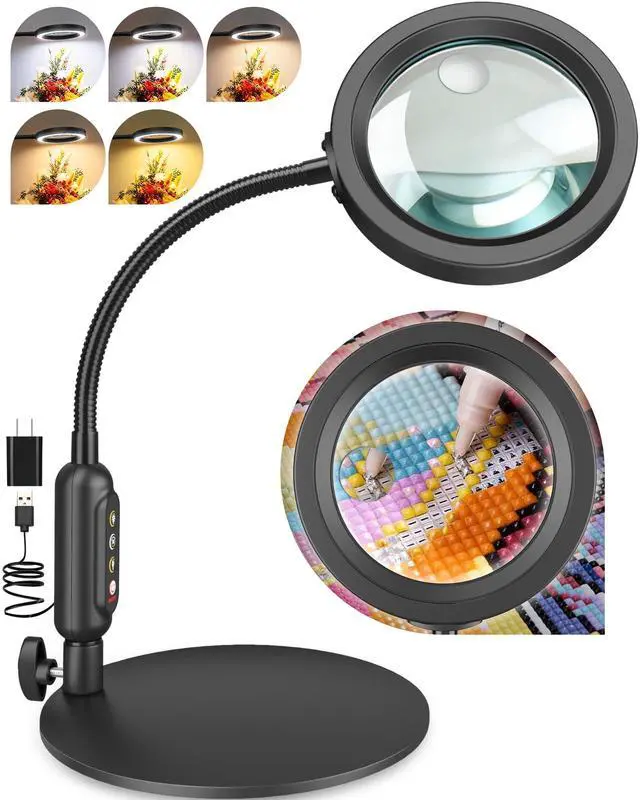 Main image of 30X 10X Magnifying Glass with Light and Stand, 5 Color Modes Stepless Dimmable, Optical Grade HD Lens, LED Lighted Magnifier Hands Free with Flexible Gooseneck for Close Work, Craft, Hobby, Painting