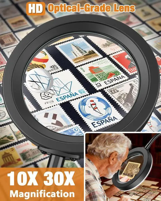 Alt view image 2 of 7 - 30X 10X Magnifying Glass with Light and Stand, 5 Color Modes Stepless Dimmable, Optical Grade HD Lens, LED Lighted Magnifier Hands Free with Flexible Gooseneck for Close Work, Craft, Hobby, Painting