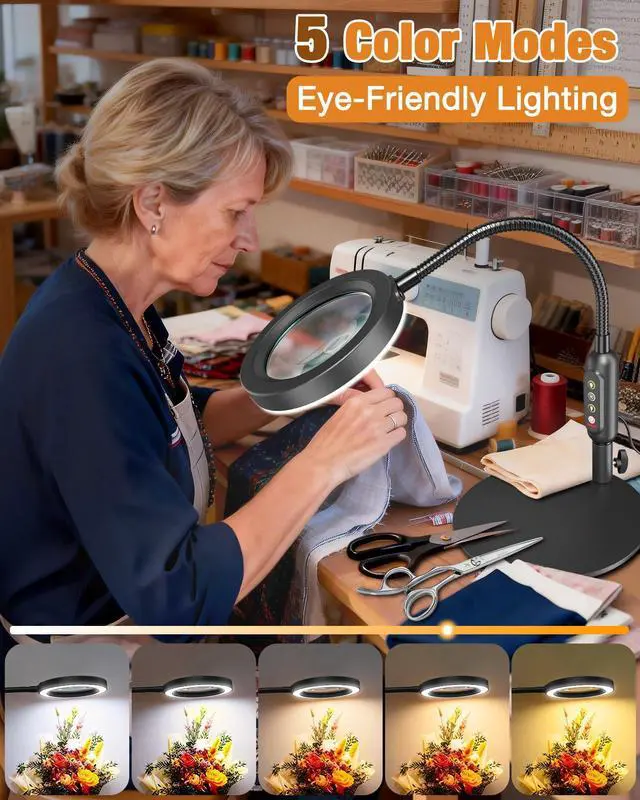 Alt view image 3 of 7 - 30X 10X Magnifying Glass with Light and Stand, 5 Color Modes Stepless Dimmable, Optical Grade HD Lens, LED Lighted Magnifier Hands Free with Flexible Gooseneck for Close Work, Craft, Hobby, Painting