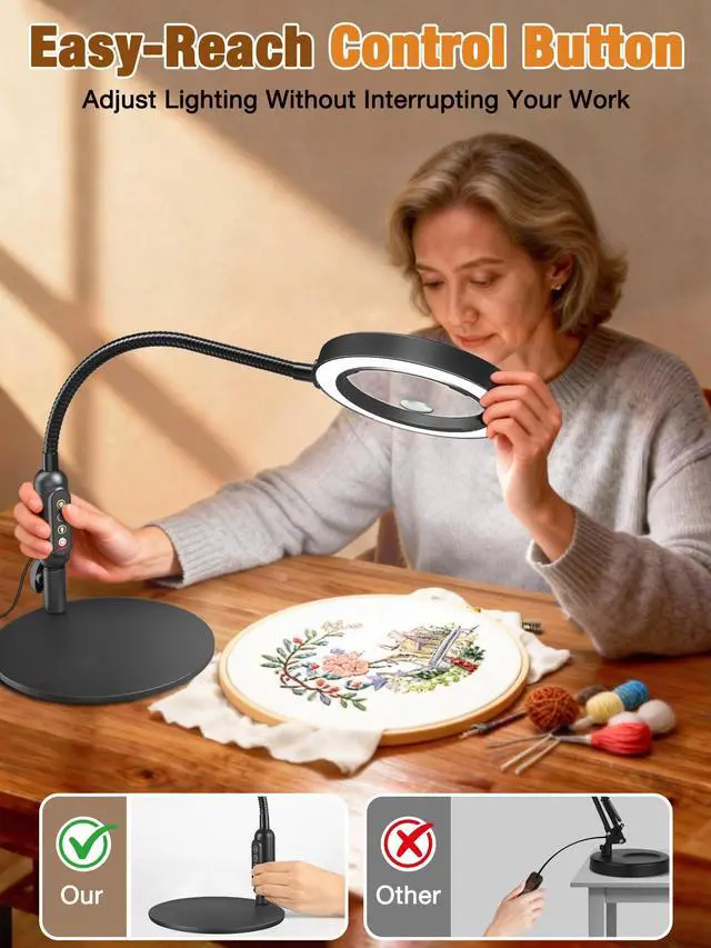 Alt view image 5 of 7 - 30X 10X Magnifying Glass with Light and Stand, 5 Color Modes Stepless Dimmable, Optical Grade HD Lens, LED Lighted Magnifier Hands Free with Flexible Gooseneck for Close Work, Craft, Hobby, Painting