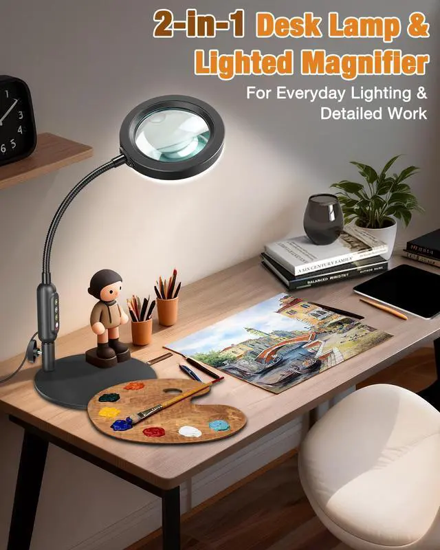 Alt view image 6 of 7 - 30X 10X Magnifying Glass with Light and Stand, 5 Color Modes Stepless Dimmable, Optical Grade HD Lens, LED Lighted Magnifier Hands Free with Flexible Gooseneck for Close Work, Craft, Hobby, Painting