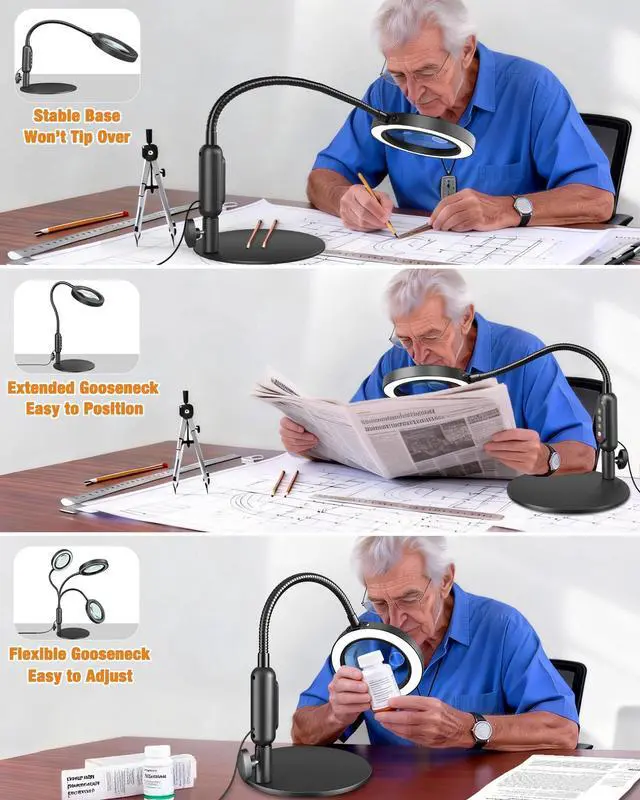 Alt view image 7 of 7 - 30X 10X Magnifying Glass with Light and Stand, 5 Color Modes Stepless Dimmable, Optical Grade HD Lens, LED Lighted Magnifier Hands Free with Flexible Gooseneck for Close Work, Craft, Hobby, Painting