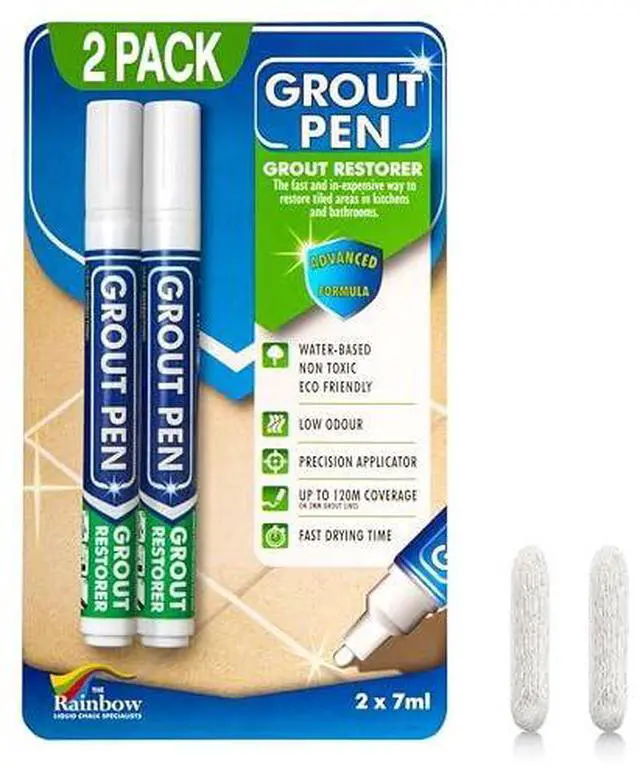 Alt view image 2 of 7 - Grout Pen White Tile Grout Paint Marker - 2 Pack w/Extra Tips (7mL) | Waterproof Tile Grout Colorant and Sealer Pens for Cleaner Looking Floors & Whitener without Bleach - Narrow Tip 5mm - White
