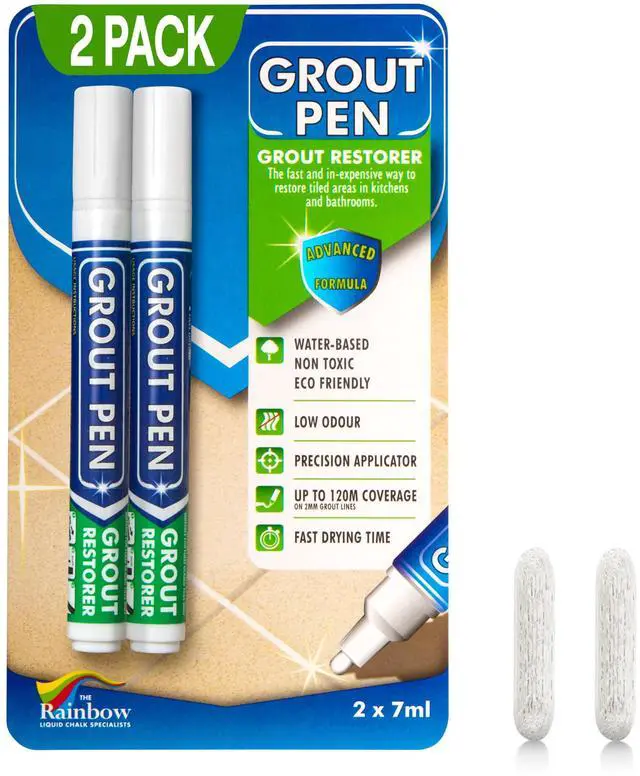 Main image of Grout Pen White Tile Grout Paint Marker - 2 Pack w/Extra Tips (7mL) | Waterproof Tile Grout Colorant and Sealer Pens for Cleaner Looking Floors & Whitener without Bleach - Narrow Tip 5mm - White