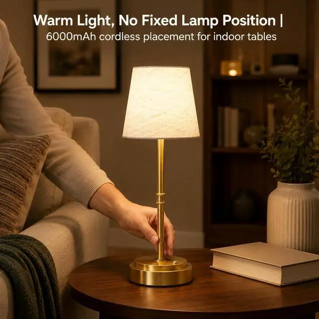 Alt view image 3 of 7 - Rechargeable Cordless Table Lamp, Nightstand to End Table,Gold,1 Pack | 6000mAh Battery Operated, 16-Inch Antique Brass Aesthetic, For Kitchen Counter, Bathroom Vanity and Dining Room