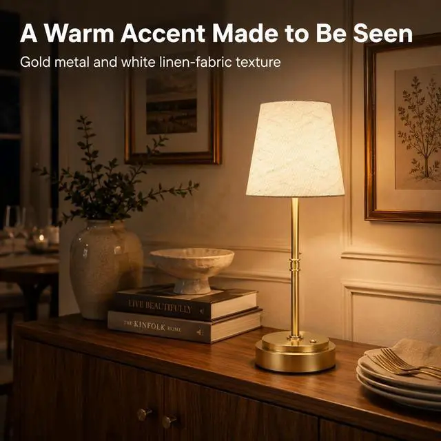 Alt view image 4 of 7 - Rechargeable Cordless Table Lamp, Nightstand to End Table,Gold,1 Pack | 6000mAh Battery Operated, 16-Inch Antique Brass Aesthetic, For Kitchen Counter, Bathroom Vanity and Dining Room