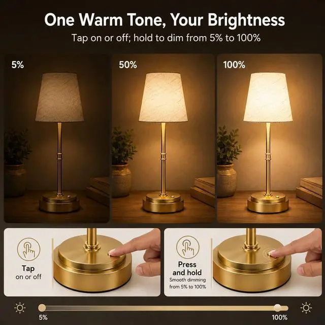Alt view image 6 of 7 - Rechargeable Cordless Table Lamp, Nightstand to End Table,Gold,1 Pack | 6000mAh Battery Operated, 16-Inch Antique Brass Aesthetic, For Kitchen Counter, Bathroom Vanity and Dining Room